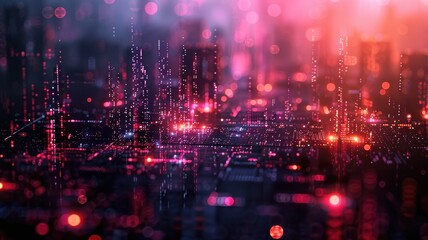 Abstract picture with digital style scenery, high tech building scatter around glow fantasy neon light. Cyberspace scene with technology design construction and electric particle flow around. AIG53.