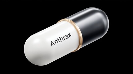 A white and black capsule labeled  Anthrax  representing a treatment for the serious infectious disease