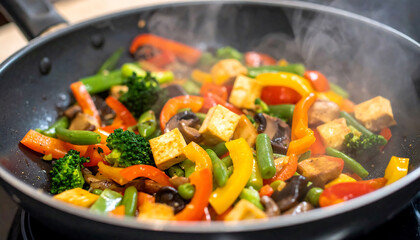 Colorful stirfry in a pan. Fresh vegetables and tofu sizzle, steaming. Represents healthy eating, veganism, Asian cuisine,  home cooking. Ideal for food blogs.