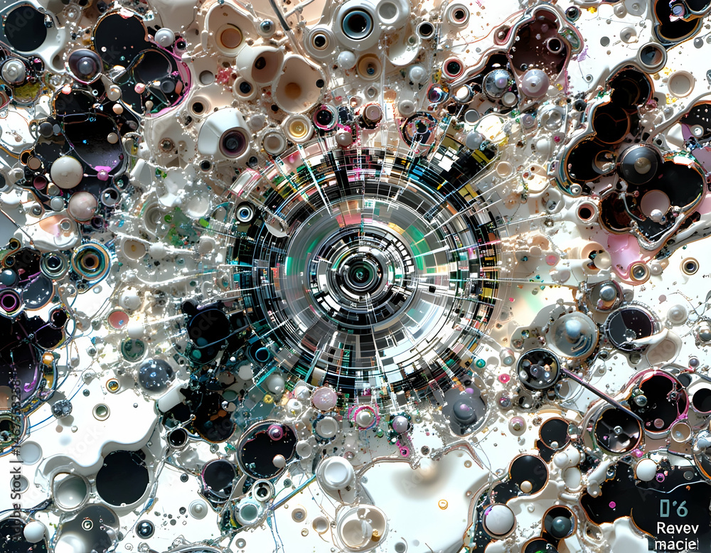 Poster abstract digital art with spheres and central circular element