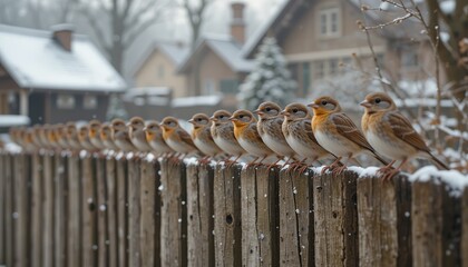 panoramic photo with many small funny birds sparrows sitting on the fence in winter garden in the village.