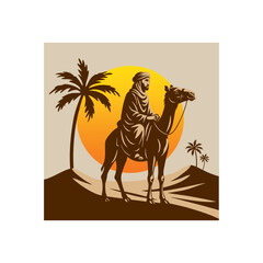 Fototapeta premium Illustration of a Bedouin Riding a Camel in the Desert at Sunset