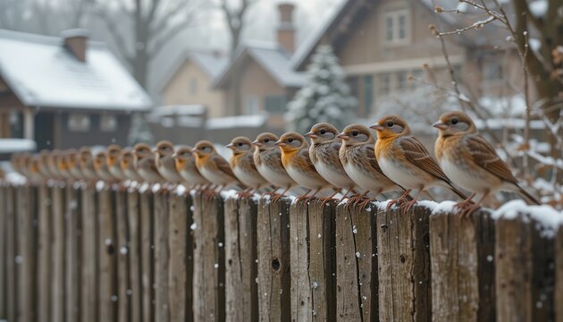 panoramic photo with many small funny birds sparrows sitting on the fence in winter garden in the village.