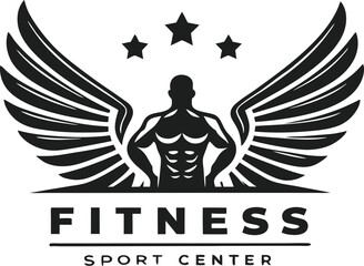 Fitness Sport Center Logo Muscular Man with Wings and Stars