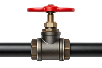 Industrial pipeline valve with red handle on transparent PNG background