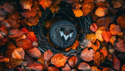 Curled up hedgehog nestled among vibrant fallen leaves in a serene autumn setting