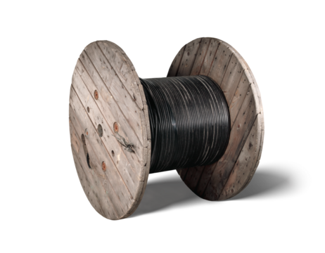 Isolated fiber optic wooden cable reel. Large 1000m loose tube cable wood drum. High-speed internet upgrade or installation of fiber optic in building or underground. Selective focus.