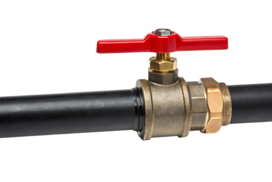 Brass ball valve with red handle on black pipe on transparent PNG background