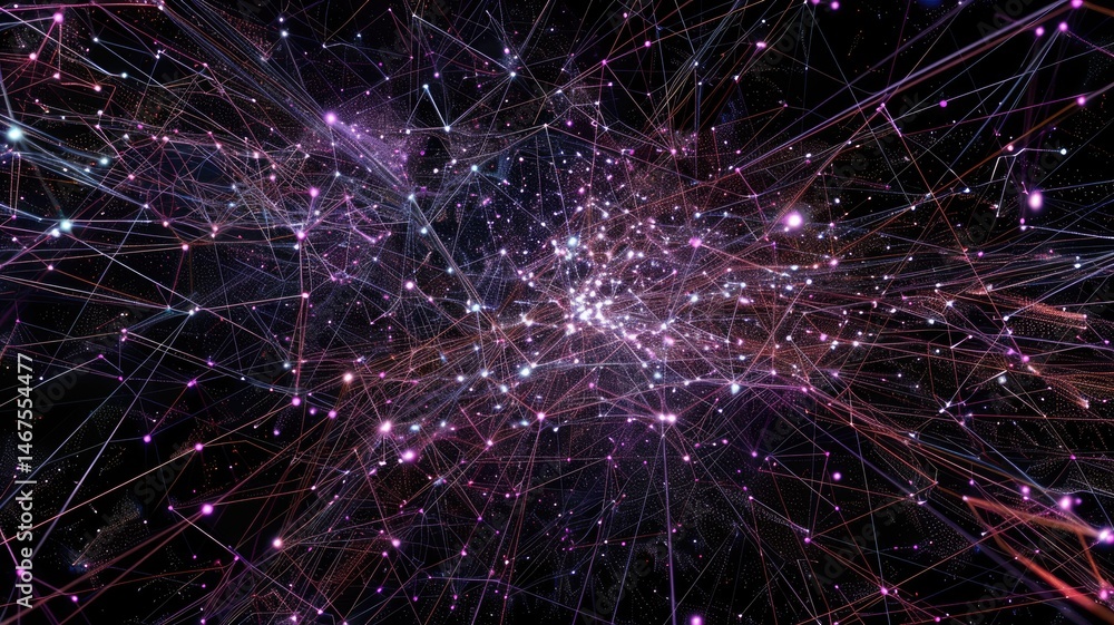 Poster abstract digital network with interconnected nodes and lines on a black background. glowing vibrant 