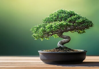 A bonsai of a box-wood tree placed on a wooden table, with a green background.