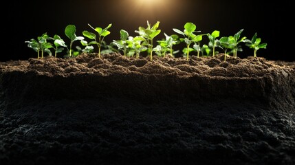 Naklejka premium Young green sprouting plants growing in soil under sunlight with fresh growth and vibrant greenery in an agricultural or gardening environment