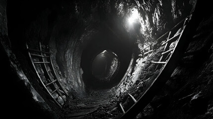 A dark tunnel interior with ladders and a distant light source.