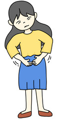 A hand-drawn cartoon of a woman experiencing stomach pain