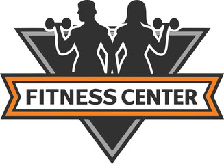 Fitness Center Logo Design Man Woman Dumbbells Weightlifting Gym