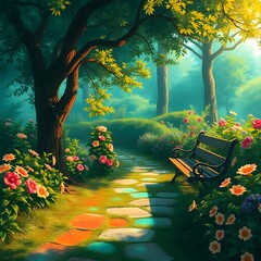 Abstract anime garden path, lush verdant landscape. Sunlight filters through trees. Vibrant flowers line path. Weathered wooden bench in clearing art illustration design