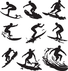 Obraz premium Black Silhouette Surfing Illustrations Set: Surfers Riding Waves, Vector Art, Sport Design