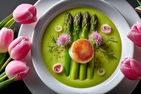 Colorful asparagus veloute garnished with scallop and fresh herbs arranged artfully. Soft floral accents add elegance. Concept of gourmet cuisine, culinary artistry, fine dining