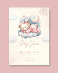 Watercolor New born baby shower invitation. Greeting card with sleeping teddy bear on cloud around the stars in pink pajamas.