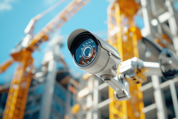 Close-up of a security camera monitoring a construction site, emphasizing the role of surveillance in ensuring safety and security on the job site