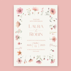 Garden Flowers Wedding Invitation Card Design, Wildflower Wedding Invite, Colorful Spring Floral Invitation Card in pink colors.