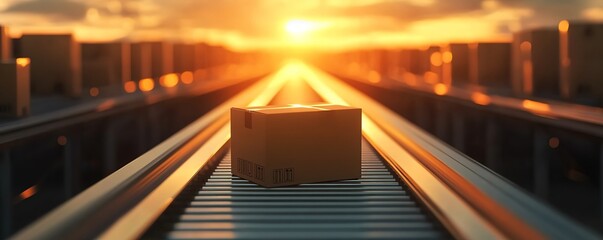 Fototapeta premium A cardboard box on a conveyor belt in a warehouse with the sunset in the background and rows of boxes.