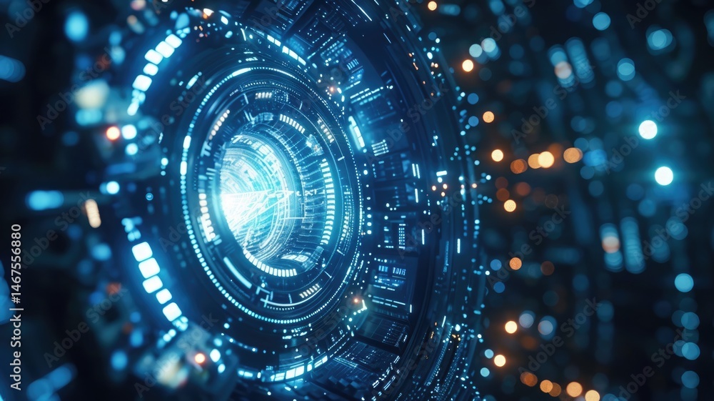 Aufkleber futuristic digital tunnel with blue lights. digital artwork of glowing neon portal with blue glowing