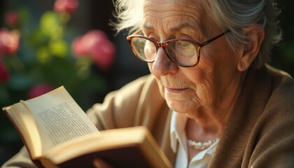 A beautiful woman with glasses enjoys reading a book surrounded by vibrant flowers, celebrating Women's Day in a serene garden