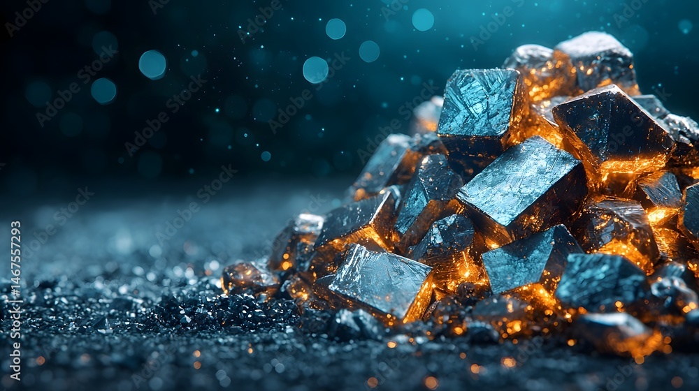 Poster close up view of vibrant metallic crystal shards arranged under controlled laboratory lighting showc