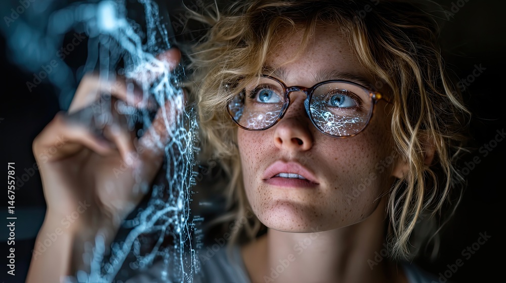 Poster female ai engineer interacting with glowing neural art scale in modern tech lab environment