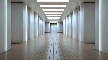 Naklejka premium Modern spacious interior hall with bright lighting and polished wooden flooring