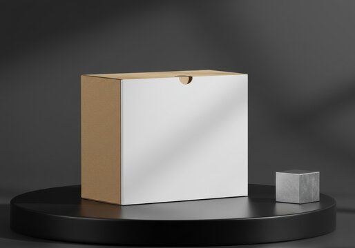 Minimalist box presentation on black platform with subtle lighting backdrop