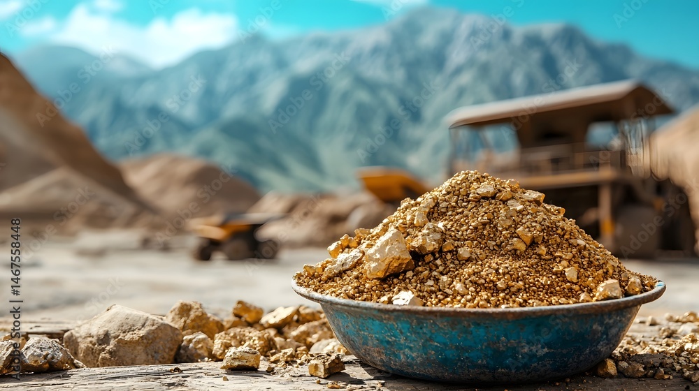 Poster open pit mining in a rugged mountainous environment with heavy and equipment working to extract valu