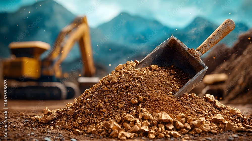 Poster excavation and extraction of raw mineral ore from an open pit mining site set against a blurred moun
