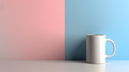 Minimalistic White Coffee Mug on a Split Pink and Blue Background in a Modern Setup