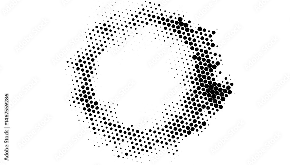 Poster black and white abstract halftone pattern with hexagon shape transition made circle frame for dramat