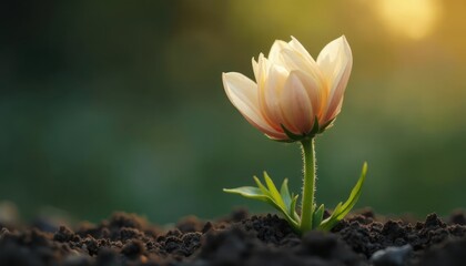 Obraz premium A delicate flower blossoms on rich soil as sunlight gently illuminates its petals, symbolizing beauty and growth on Women's Day