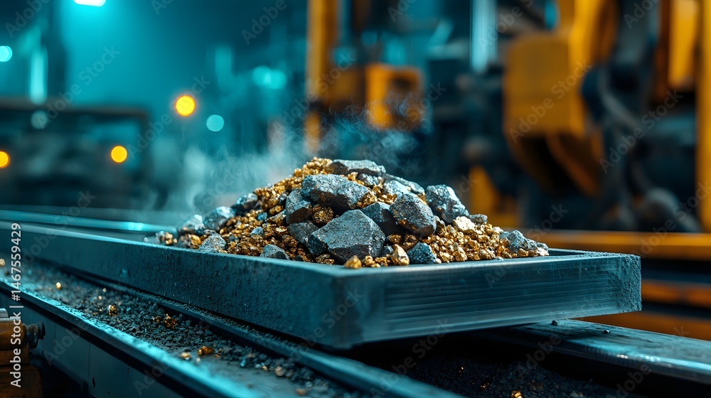 Poster close up view of various extracted rocks and minerals being transported on a conveyor belt with a bl