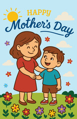 Happy mothers day. Mother with a bouquet of flowers and son.