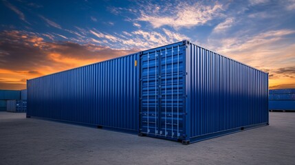 Blue Shipping Container at Sunset: Global Logistics and Transportation