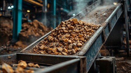 Close up view of a conveyor belt carrying a pile of mined rocks and aggregate material through an industrial processing facility with a blurred background