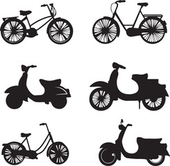Silhouette Collection: Bicycles and Scooters in Black, Vector Illustration, Transportation