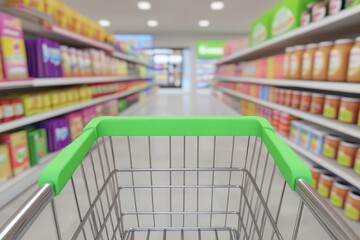 Empty shopping cart in a supermarket aisle.  A brightly lit supermarket aisle with colorful products on shelves, stretching into the distance.