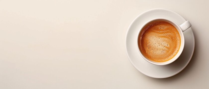 Top down aerial view of hot coffee with coffee cup placed on various textured background. Flatley background image of coffee with late art with vibrant color background. Aromatic drink design. AIG55.