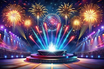 Spectacular Fireworks Display on Illuminated Stage Podium