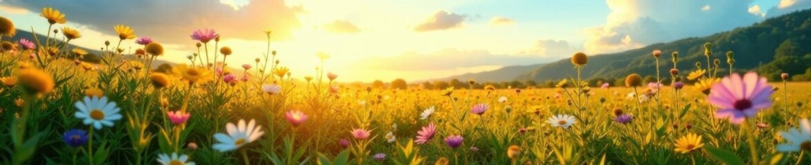 Golden light bathes a lush wildflower meadow; sky is vivid blue , stock, meadow
