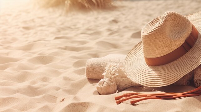 Straw beach bag with sunscreen, towel, book and hat, ready for vacation, on sandy background  - Powered by Adobe