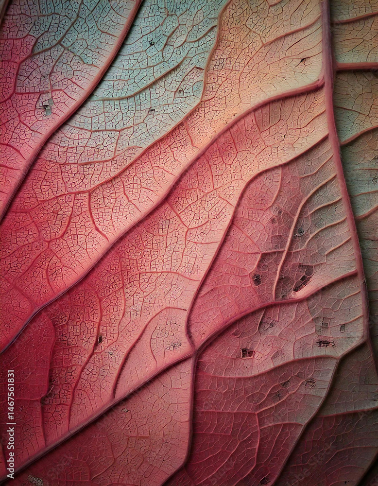 Poster close up of a red leaf with detailed veins and texture. nature background with vibrant colors and in