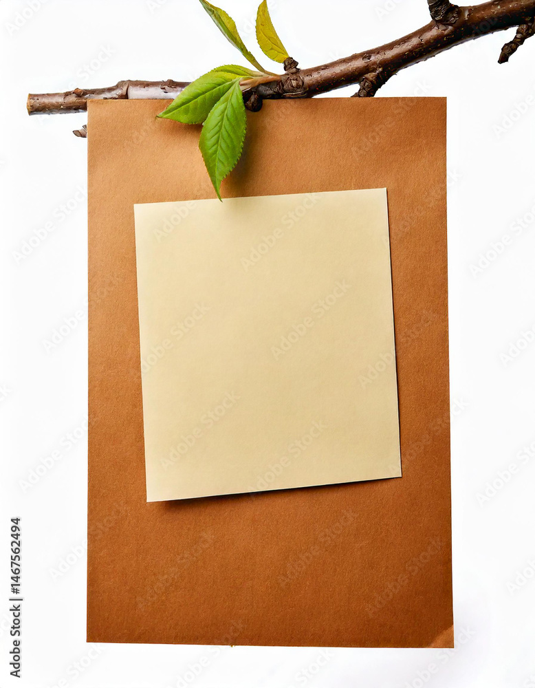 Poster paper sheets hang from a branch with leaves, isolated on white. mockup concept for eco friendly note