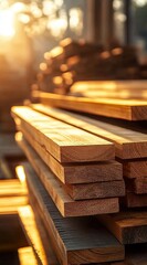 A stack of wooden planks in warm - lit environment with a blurred wooden background.