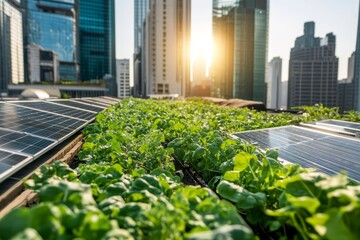Fototapeta premium Urban rooftop garden with solar panels.